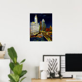 Poster Chicago Illinois Wrigley Bâtiments par nuit (Bureau à domicile)