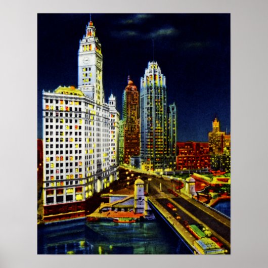 Poster Chicago Illinois Wrigley Bâtiments par nuit (Devant)