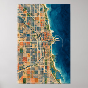 Poster Chicago Lac Michigan Vue aérienne de la ville sur