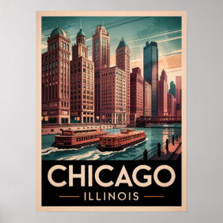Poster Chicago Riverwalk Retro Art - Vintage Cityscape
