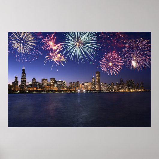 Poster Chicago Skyline avec Fireworks Print (Devant)