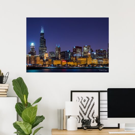 Poster Chicago Skyline Illinois Night Sky (Bureau à domicile)