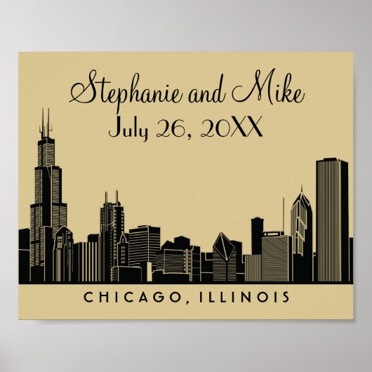 Poster Chicago Skyline Or et Noir Mariage (Devant)