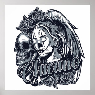 Poster Chicano (Femme aux ailes, Rose et crâne)