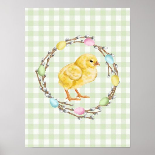 Poster Chick And Colorful Willow Wreath Green Easter (Devant)