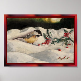 Poster Chickadee and Mistletoe on Christmas Winter Snow P