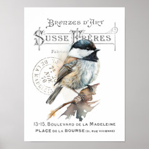 Poster Chickadee Bird Français Typographie Vintage Imprim
