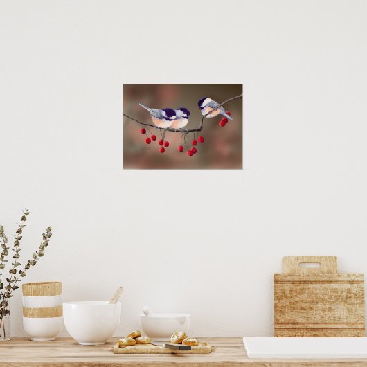 Poster CHICKADEES & BERRIES ROUGES par SHARON SHARPE (Cuisine)