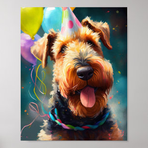 Poster Chien Airedale avec casquette d'anniversaire et ba