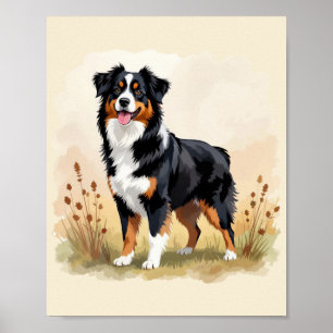 Poster Chien Australien Berger Noir Tricolore Aussie