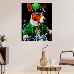 Poster Chien Basenji conduisant un vélo la Saint-Patrick