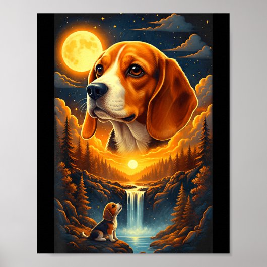 Poster Chien Beagle hurlant à la lune (Devant)
