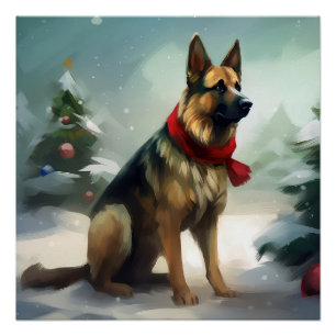 Poster Chien berger allemand en Noël de neige