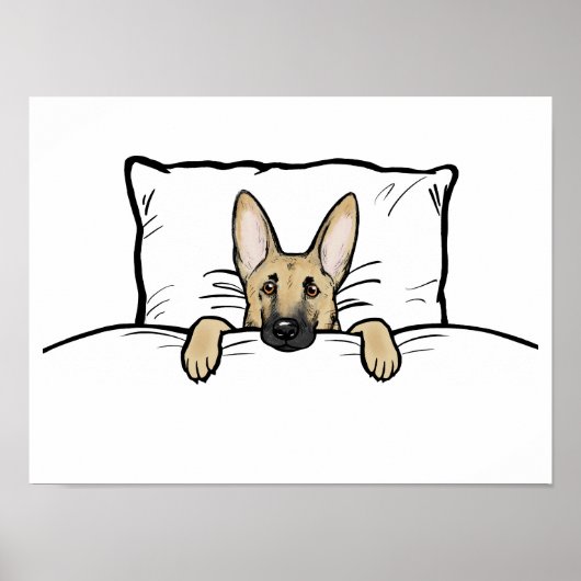 Poster Chien berger allemand mignon concocté dans un lit (Devant)