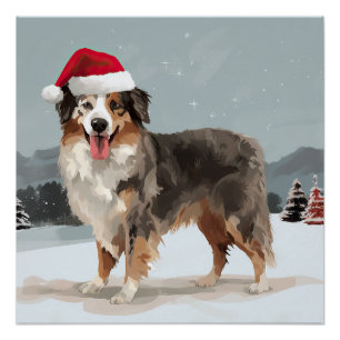 Poster Chien berger australien en Noël de neige