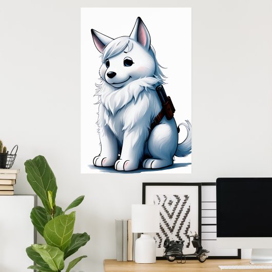 Poster Chien blanc avec pistolet| AI Art (Bureau à domicile)
