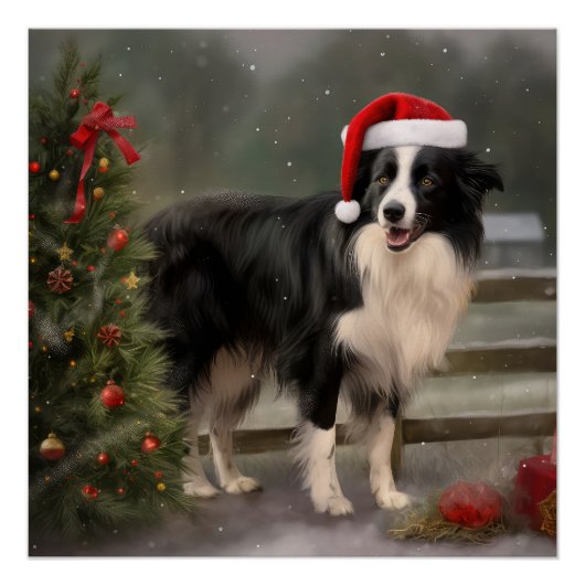 Poster Chien Border Collie dans la neige de Noël (Devant)
