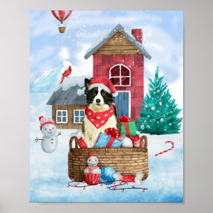 Poster Chien Border Collie dans une maison de Noël enneig