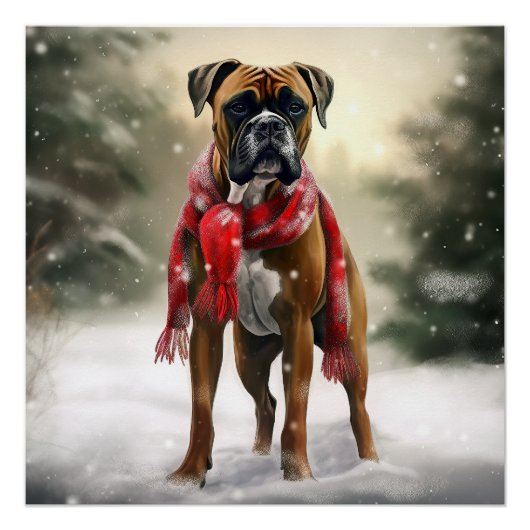 Poster Chien Boxer dans la neige de Noël (Devant)