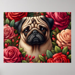 Poster Chien Carlin avec Roses Rouges