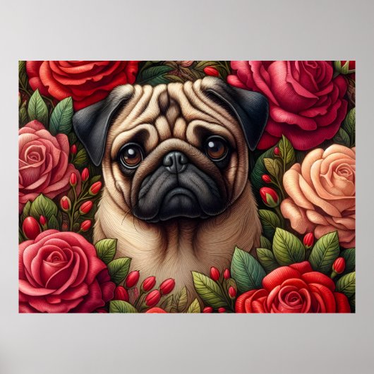 Poster Chien Carlin avec Roses Rouges (Devant)