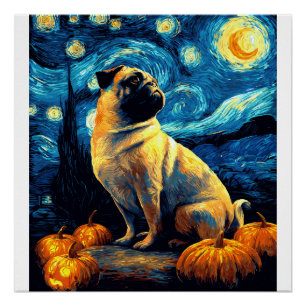 Poster Chien carlin de la nuit étoilée de Van Gogh Hallow