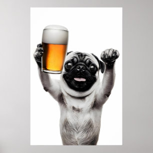 Poster Chien Carlin Drôle Buvant de la Bière Art Alcool H