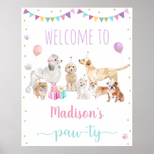 Poster Chien Chien rose Fille Paw-ty Anniversaire Bienven (Devant)