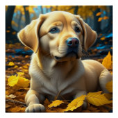 Poster Chien chiot jouant dans les feuilles d'automne (Devant)