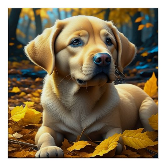 Poster Chien chiot jouant dans les feuilles d'automne (Devant)