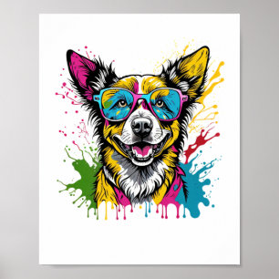Poster Chien Coloré Mignonne En Splashed Portant Des Lune