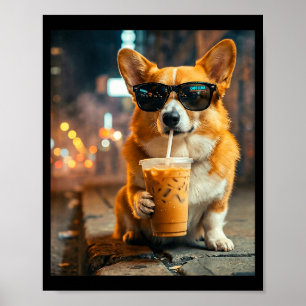 Poster Chien corgi buvant un café glacé mème animal drôle