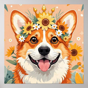Poster Chien corgi joyeux couronne de marguerites et de t