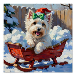 Poster Chien Coton de Tulear Fluffy Traîneau de Noël Vint