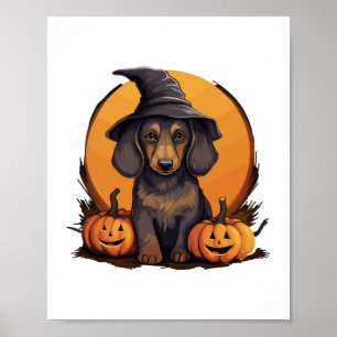 Poster Chien Dachshund, Citrouille Casquette de la sorciè