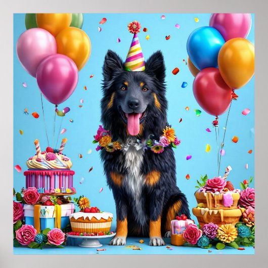 Poster Chien d'anniversaire avec gâteau et ballons (Devant)