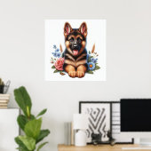 Poster Chien de berger allemand joueur avec des fleurs (Bureau à domicile)