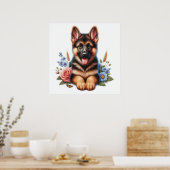 Poster Chien de berger allemand joueur avec des fleurs (Cuisine)