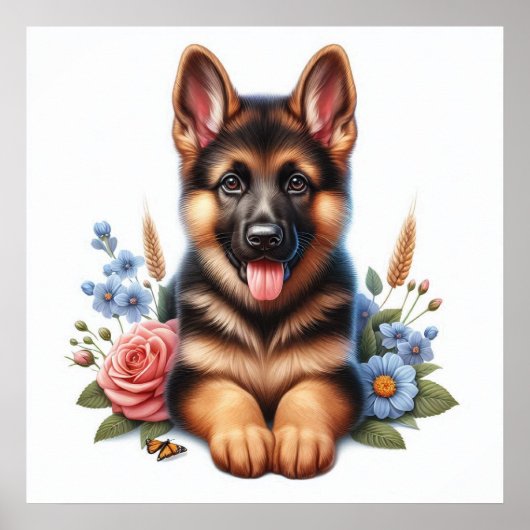 Poster Chien de berger allemand joueur avec des fleurs (Devant)