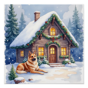 Poster Chien de berger caucasien Cabane de montagne Noël