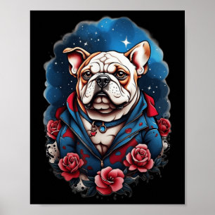 Poster Chien de Bulldog Old School Tattoo Style Retro Vin