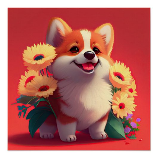 Poster Chien de Corgi souriant avec fleurs (Devant)