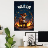 Poster Chien de dessin animé assis à une table avec du ca (Bureau à domicile)
