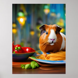 Poster Chien de Guinée mangeant des spaghetti