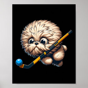 Poster Chien de hockey mignon avec un bâton et Byll Kawai