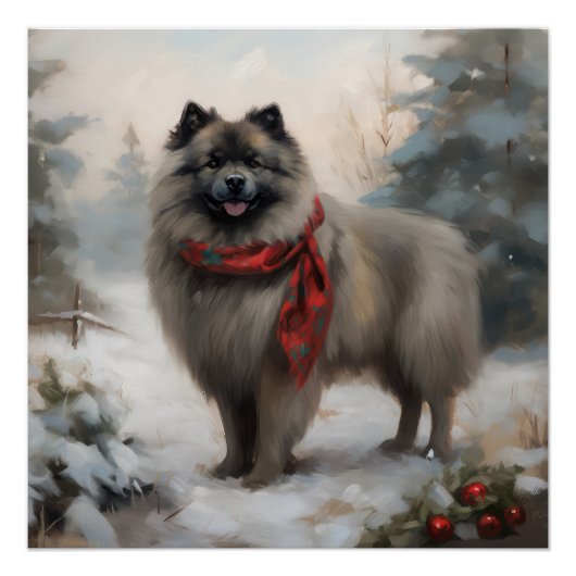 Poster Chien de Keeshond à Noël de neige (Devant)