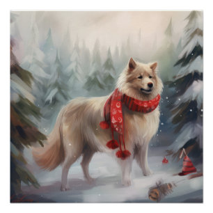 Poster Chien de lappund finlandais à Noël de neige