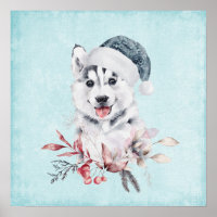 Chien de Noël Husky dans un chapeau de Père Noël