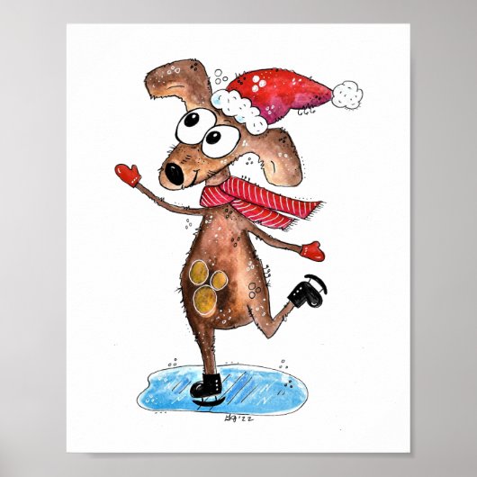 Poster Chien de Noël Whimsical sur patins à glace (Devant)