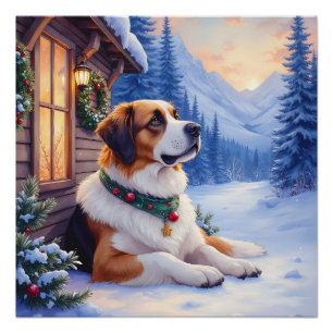 Poster Chien de Saint-Bernard Lodge de montagne enneigé N